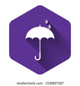 White Classic elegant opened umbrella icon isolated with long shadow. Rain protection symbol. Purple hexagon button. Vector Illustration