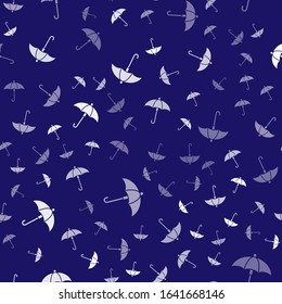 White Classic elegant opened umbrella icon isolated seamless pattern on blue background. Rain protection symbol.  Vector Illustration