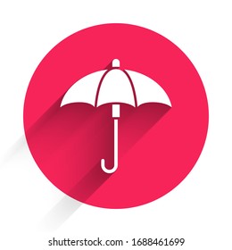 White Classic elegant opened umbrella icon isolated with long shadow. Rain protection symbol. Red circle button. Vector Illustration