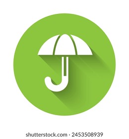 White Classic elegant opened umbrella icon isolated with long shadow. Rain protection symbol. Green circle button. Vector