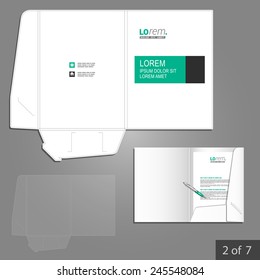 White classic folder template design for corporate identity with green and black square elements. Stationery set