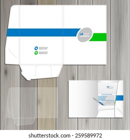 White classic folder template design for corporate identity with green and blue lines. Stationery set