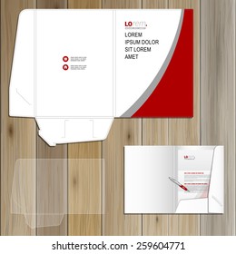 Diseño de plantillas de carpetas clásicas blancas para identidad corporativa con líneas rojas y grises. Conjunto de diseño