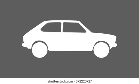 white classic hatch back car icon heading right direction viewed from side on flat dark grey rectangle background in 16:9 wide screen ratio