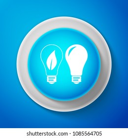 White Classic Lamp and Light bulb with leaf inside icon isolated on blue background. Lighting electric lamp. Green eco energy concept. Circle blue button with white line. Vector Illustration