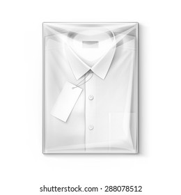 White classic men shirt with label in the transparent packaging box isolated vector illustration