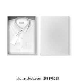 White classic men shirt with label in the packaging box isolated vector illustration