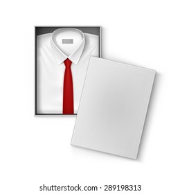 White classic men shirt with red tie in the packaging box isolated vector illustration