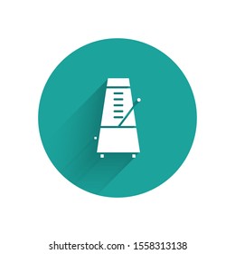 White Classic Metronome with pendulum in motion icon isolated with long shadow. Equipment of music and beat mechanism. Green circle button. Vector Illustration