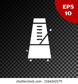 White Classic Metronome with pendulum in motion icon isolated on transparent dark background. Equipment of music and beat mechanism.  Vector Illustration