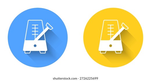 White Classic Metronome with pendulum in motion icon isolated with long shadow background. Equipment of music and beat mechanism. Circle button. Vector