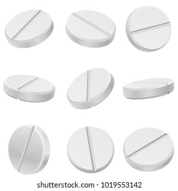 White classic pills from different angles. Round tablets set. Vector Illustration.