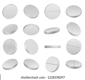 White classic pills from different angles. Realistic round tablets set. Vector Illustration.