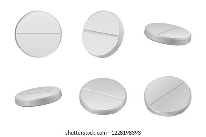 White classic pills from different angles. Realistic round tablets set. Vector Illustration.