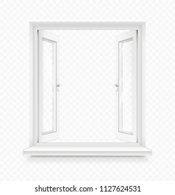 White classic plastic open window with windowsill. Transparent framing interior design element. Construction part. Clean domestic glass. EPS10 vector illustration.