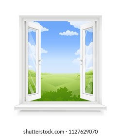 White classic plastic open window with windowsill. Transparent framing interior design element. Construction part. Clean domestic glass. Sky and ground panorama view. EPS10 vector illustration.