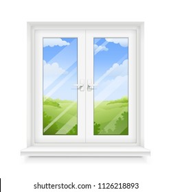 White classic plastic window with windowsill. Transparent framing interior design element. Construction part. Clean domestic glass. Sky and ground panorama view. EPS10 vector illustration.