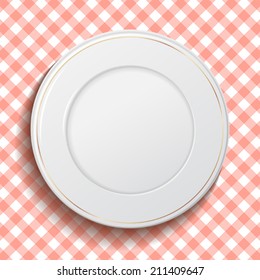White classic plate on red checkered tablecloth. There is place for your text. Vector illustration. Menu template.