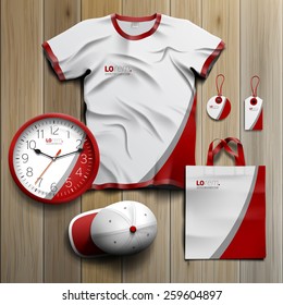 White classic promotional souvenirs design for corporate identity with red and gray lines. Stationery set