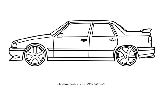 White classic sport tuning sedan car 90s style on white background. Vintage car in a  vector doodle style