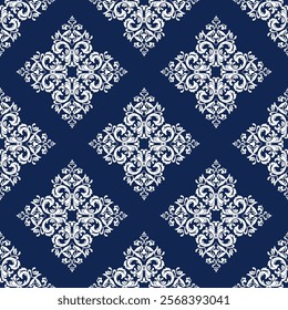 White classic traditional damask pattern design on dark blue background, seamless pattern, vector illustration. Design for elegant textile design, carpet, curtains, and clothing.