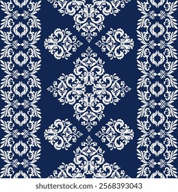 White classic traditional damask pattern design on dark blue background, seamless pattern, vector illustration. Design for elegant textile design, carpet, curtains, and clothing.