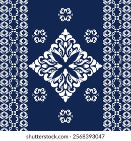 White classic traditional damask pattern design on dark blue background, seamless pattern, vector illustration. Design for elegant textile design, carpet, curtains, and clothing.