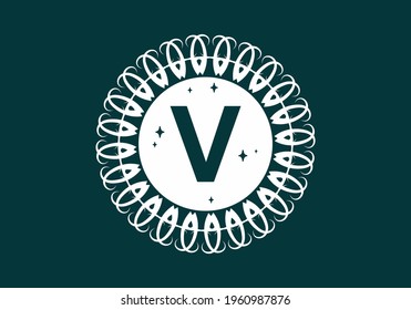 White classic vintage frame with V initial letter font in dark background