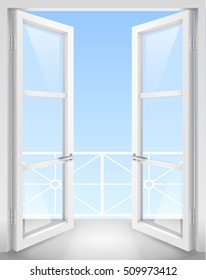 White Classic Wooden Open Doors With Transparent Glass. Vector Graphics