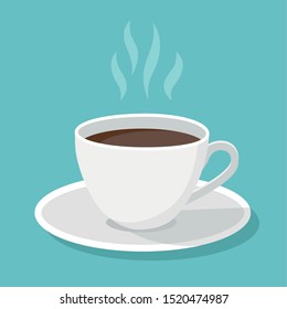 White classical black coffee cup with steam and shadows isolated on blue background. Vector flat design object.