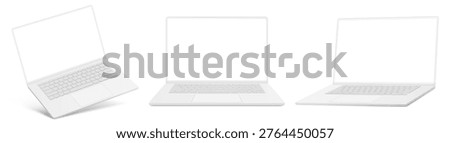 White Clay Laptop Mockup Collection in Modern Clean Style With Blank Screen and Soft Removable Shadow isolated on White Background Vector	