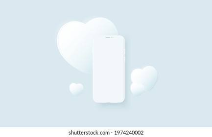 White clay smartphone mockup with hearts. Template for app presentation.