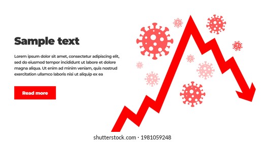 Plantilla de fondo blanco limpio con texto, botón e ilustración de virus alrededor de la flecha roja hacia arriba y hacia abajo. La pandemia global del virus aumenta la incidencia y luego disminuye