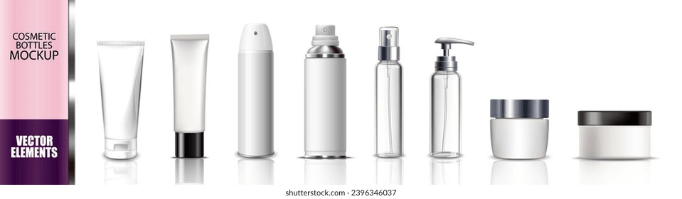 White clean bottle for cosmetic ad. Realistic cosmetic aerosol, deodorant or sprayer clear bottle package mockups.