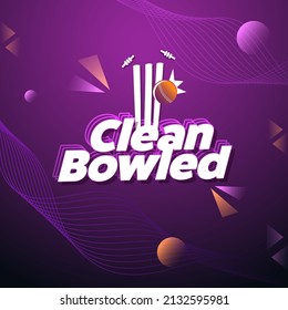 White Clean Bowled Font With Cricket Ball Hitting Stumps On Abstract Waves Purple Background.
