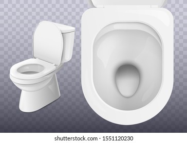 White clean ceramic toilet from top and side view isolated on transparent background - realistic bathroom equipment with sparkly clean shiny surface, vector illustration