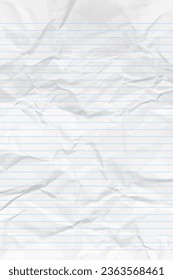 White clean crumpled notebook paper with lines. Vertical crumpled checkered empty paper template for posters and banners. Vector illustration