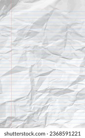 White clean crumpled notebook paper with lines. Vertical crumpled checkered empty paper template for posters and banners. Vector illustration