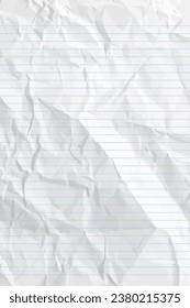 White clean crumpled notebook paper with lines. Vertical crumpled checkered empty paper template for posters and banners. Vector illustration