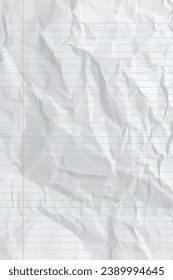 White clean crumpled notebook paper with lines. Vertical crumpled checkered empty paper template for posters and banners. Vector illustration