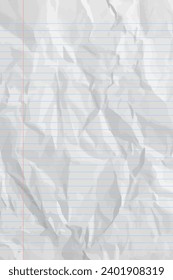 White clean crumpled notebook paper with lines. Vertical crumpled checkered empty paper template for posters and banners. Vector illustration