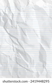 White clean crumpled notebook paper with lines. Vertical crumpled checkered empty paper template for posters and banners. Vector illustration