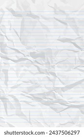 White clean crumpled notebook paper with lines. Vertical crumpled checkered empty paper template for posters and banners. Vector illustration