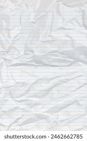 White clean crumpled notebook paper with lines. Vertical crumpled checkered empty paper template for posters and banners. Vector illustration