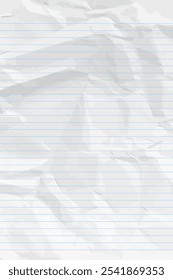 White clean crumpled notebook paper with lines. Vertical crumpled checkered empty paper template for posters and banners. Vector illustration
