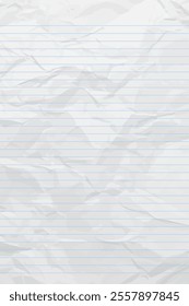 White clean crumpled notebook paper with lines. Vertical crumpled checkered empty paper template for posters and banners. Vector illustration