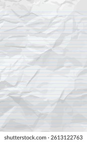 White clean crumpled notebook paper with lines. Vertical crumpled checkered empty paper template for posters and banners. Vector illustration