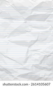 White clean crumpled notebook paper with lines. Vertical crumpled checkered empty paper template for posters and banners. Vector illustration