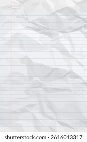 White clean crumpled notebook paper with lines. Vertical crumpled checkered empty paper template for posters and banners. Vector illustration