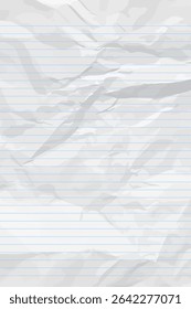 White clean crumpled notebook paper with lines. Vertical crumpled checkered empty paper template for posters and banners. Vector illustration